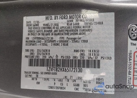 2006 Ford Mustang Gt z USA, uszkodzony, nr VIN 1ZVFT82HX65172130